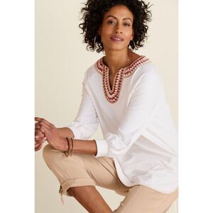 Soft Surroundings Sarita Top Small Ivory Soft Knit Crochet Neckline 3/4 Sleeve